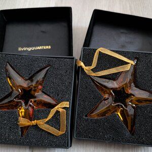 Set of 2 Living Quarters Amber Glass Star Ornaments in Original Boxes